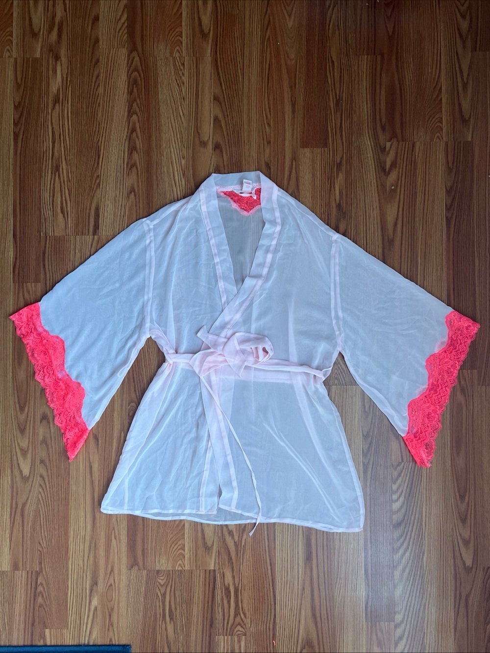 Victoria's Secret Sheer White Kimono Robe with Coral Pink Lace